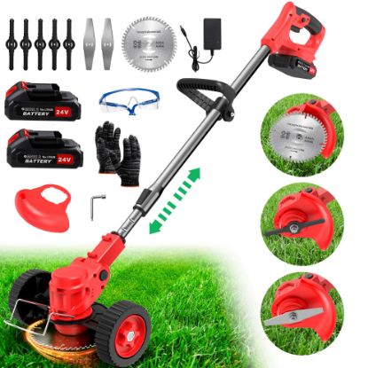 Picture of TNTANTS Electric Weed Wacker, Cordless String Trimmer with Wheels 2Pcs 24V Batteries, 3 Types of Blades, Adjustable Length, Lightweight Weed Eater Grass Trimmer/Edger/Brush Cutter for Lawn Yard Garden