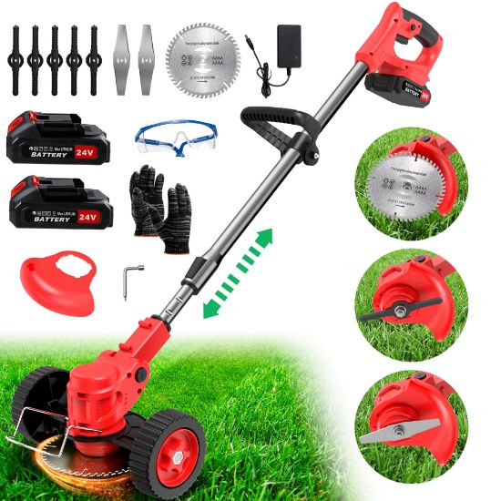 Picture of TNTANTS Electric Weed Wacker, Cordless String Trimmer with Wheels 2Pcs 24V Batteries, 3 Types of Blades, Adjustable Length, Lightweight Weed Eater Grass Trimmer/Edger/Brush Cutter for Lawn Yard Garden