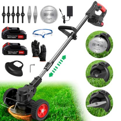Picture of TNTANTS Electric Weed Wacker, Cordless String Trimmer with Wheels 2Pcs 24V Batteries, 3 Types of Blades, Adjustable Length, Lightweight Weed Eater Grass Trimmer/Edger/Brush Cutter for Lawn Yard Garden