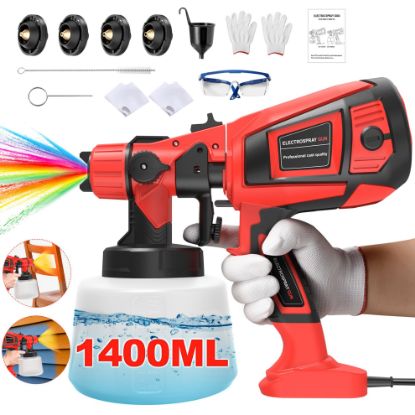 Picture of TNTANTS Paint Sprayer 1400ml Large Container, 550W HVLP Electric Spray Paint Gun with 4 Nozzles 3 Spray Patterns for House Painting, Home Interior and Exterior(Red)