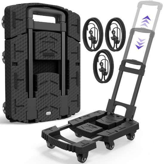 Picture of TNTANTS Hand Truck, 500 LB Heavy Duty Portable Dolly, Folding Dolly Cart with 6 Wheels & 3 Elastic Ropes for Luggage, Travel, Moving, Shopping, Office Use, Black