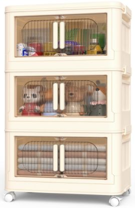 Picture of TNTANTS 3 Tiers Stackable Storage Bins with Lids and Wheels, Magnetic Dual Open Collapsible Storage Container, 80QT Folding Storage Box Bins for Closet Organizers, Home and Office, Beige