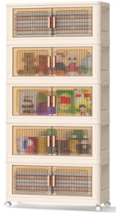 Picture of TNTANTS 5 Tiers Stackable Storage Bins with Lids and Wheels, Magnetic Dual Open Collapsible Storage Container, 235QT Folding Storage Box Bins for Closet Organizers, Home and Office, Beige
