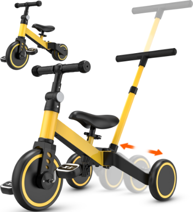 Picture of TNTANTS 4 in 1 Toddler Bike, Kids Tricycle for 1-5 Years Old, Toddler Tricycle for Boy Girl, Baby Balance Bike with Parent Steering Push Handle, Removable Pedal, Adjustable Seat Yellow