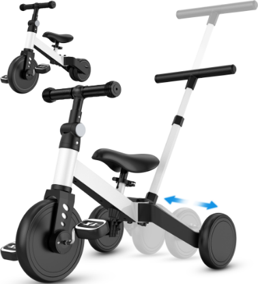 Picture of TNTANTS 4 in 1 Toddler Bike, Kids Tricycle for 1-5 Years Old, Toddler Tricycle for Boy Girl, Baby Balance Bike with Parent Steering Push Handle, Removable Pedal, Adjustable Seat White