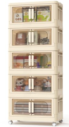 Picture of TNTANTS 5 Tiers Stackable Storage Bins with Wheels, Magnetic Dual Open Collapsible Storage Container with Lids, 125QT Folding Storage Box Bins for Closet Organizers, Home and Office, Beige