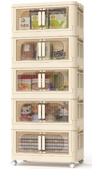 Picture of TNTANTS 5 Tiers Stackable Storage Bins with Wheels, Magnetic Dual Open Collapsible Storage Container with Lids, 125QT Folding Storage Box Bins for Closet Organizers, Home and Office, Beige