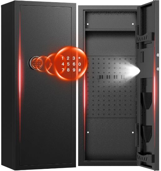 Picture of SYSENFO 12-15 Gun Cabinet, Quick Access Long Gun Safe for Home Rifles and Pistols, Large Unassembled Rifle Safe with Removable Shelves, Digital Keypad, Pegboard