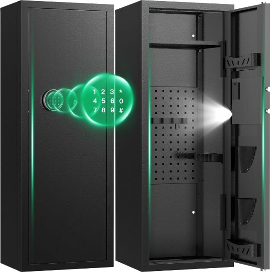 Picture of SYSENFO 12-15 Gun Cabinet, Quick Access Long Gun Safe for Home Rifles and Pistols, Large Unassembled Rifle Safe with Removable Shelves, Digital Keypad, Pegboard