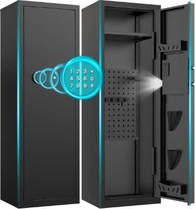 Picture of SYSENFO 8-10 Gun Cabinet, Quick Access Long Gun Safe for Home Rifles and Pistols, Large Unassembled Rifle Safe with Removable Shelves, Digital Keypad, Pegboard